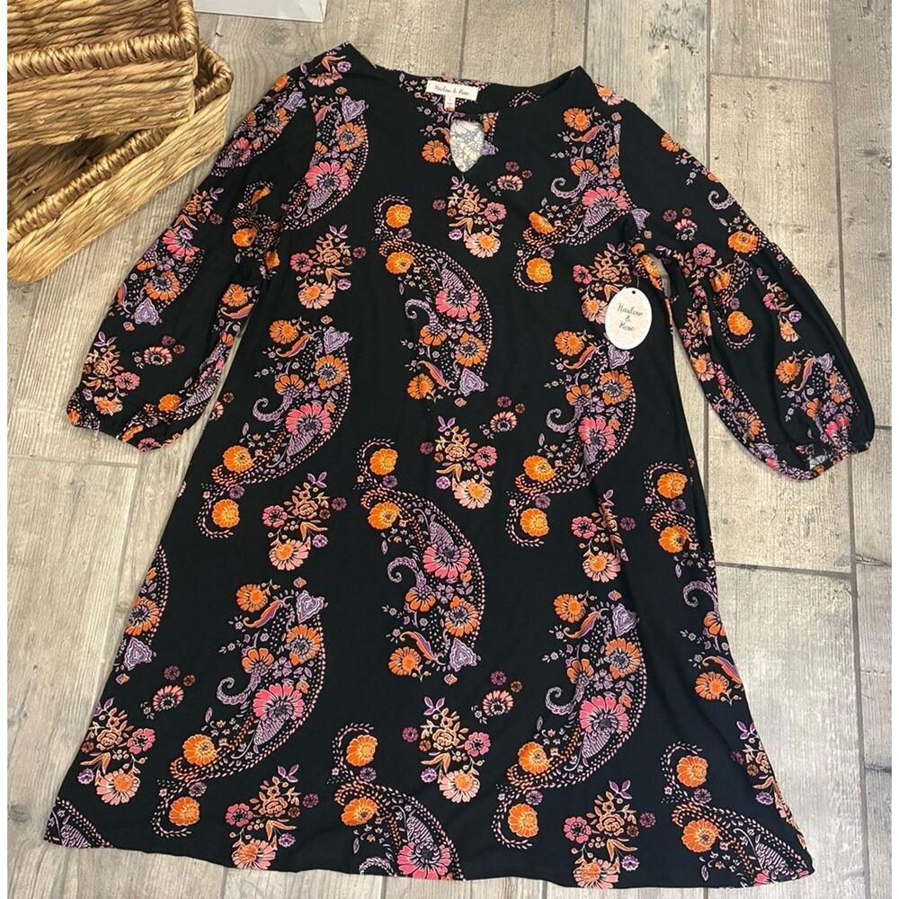 NWT Harlow & Rose Black Floral Paisley Bell Sleeves Boho Dress Size Large